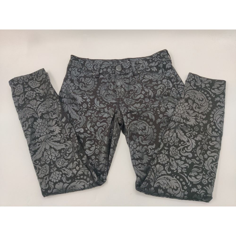 Seven7 Women 10 Skinny Jeans Damask Brocade Floral Grey Black Metallic Baroque